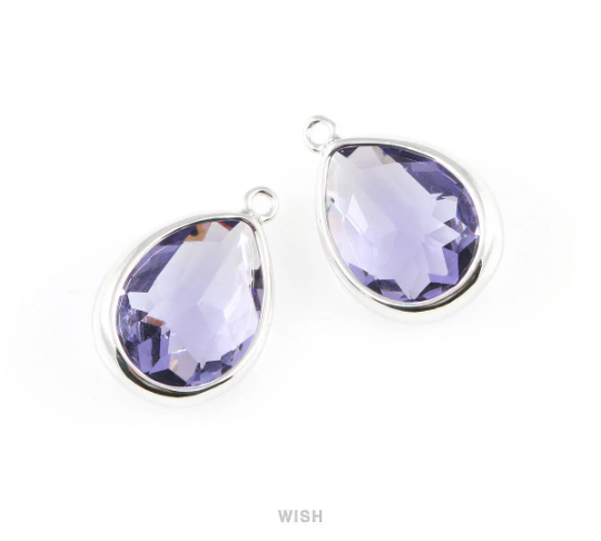 Amethyst Teardrop Glass Charm in Rhodium, Framed Drop Glass Gem / GTZRH-016-P