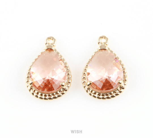 Peach Teardrop Glass Charm in Gold, Framed Drop Glass Gem / GPCG-006-P