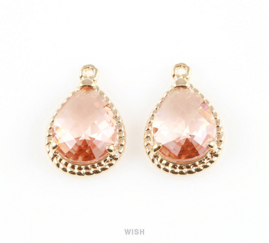 Peach Teardrop Glass Charm in Gold, Framed Drop Glass Gem / GPCG-006-P