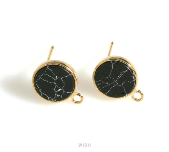 Black Marble Round Stone Stud Earrings in Gold, Gemstone Stud Earrings /