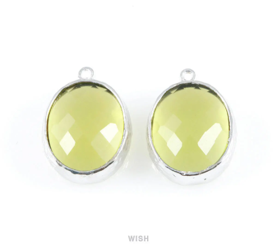 Apple Faceted Glass Charms in Rhodium, Framed Oval Pendant / GAPRH-009-P