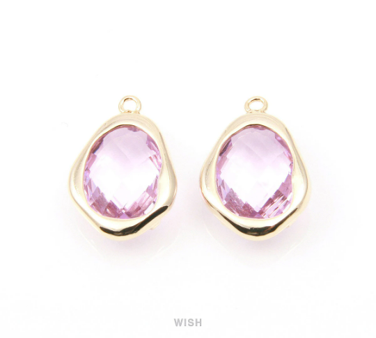 Light Amethyst Faceted Glass Charms in Gold, Framed Teardrop Pendant/ GLDG-085-P