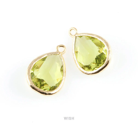 Apple Green Teardrop Glass Charm in Gold, Framed Drop Glass Gem / GAPG-005-P