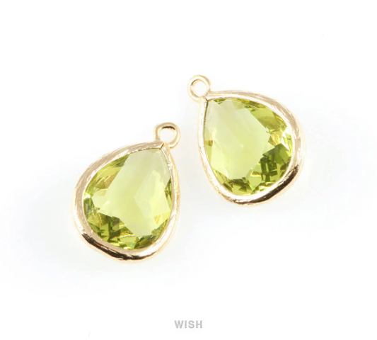 Apple Green Teardrop Glass Charm in Gold, Framed Drop Glass Gem / GAPG-005-P