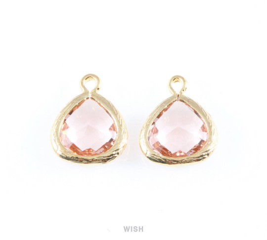 Peach Faceted Glass Charm in Gold, Framed Glass Gem / GPCG-003-P (Small)