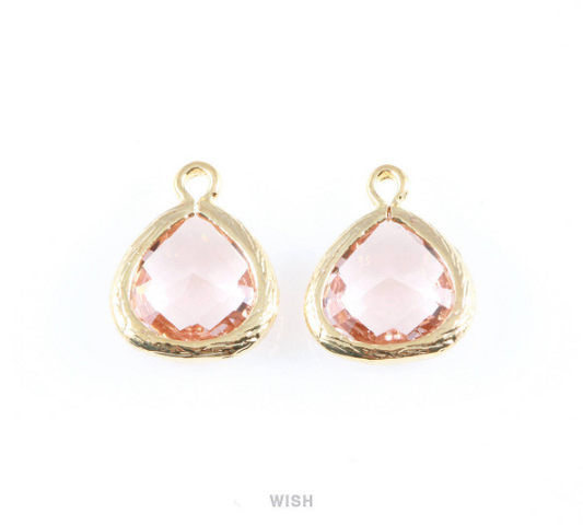 Peach Faceted Glass Charm in Gold, Framed Glass Gem / GPCG-003-P (Small)