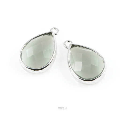 Charcoal Teardrop Glass Charm in Rhodium, Framed Drop Glass Gem / GCCRH-037-P