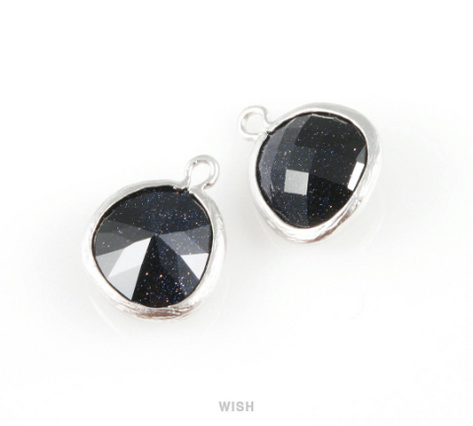Lapis-Lazuli Faceted Glass Charm in Matte Rhodium, Framed Drop Glass Gem / GLLMRH-004-P