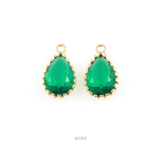 Emerald Teardrop Glass Charm in Gold, Framed Drop Glass Gem / GEMG-017-P