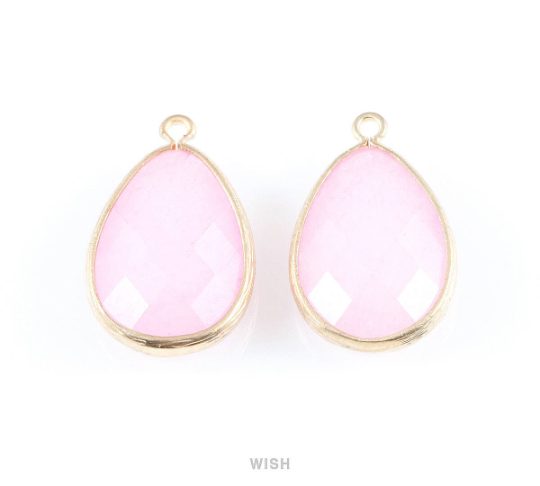 Pink Synthetic Stone Charms in Matte Gold, Framed Teardrop Pendant / SPKMG-010-P