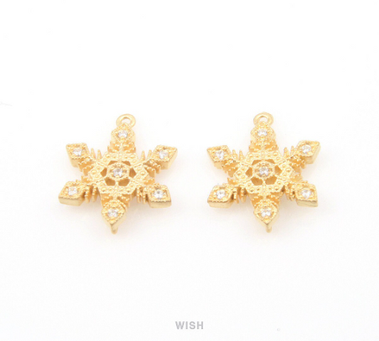 Snowflake with Cubic Zirconia Pendant in Matte Gold, CZ Snowflake Charm / CMG-059-P
