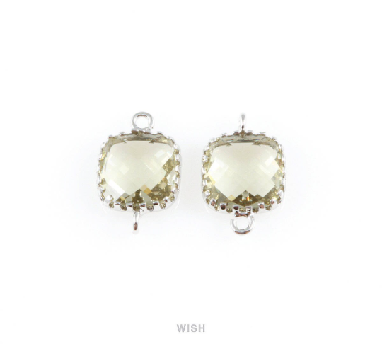 Olivine Faceted Glass Connector in Rhodium, Framed Square Connector / GOVRH-007-P