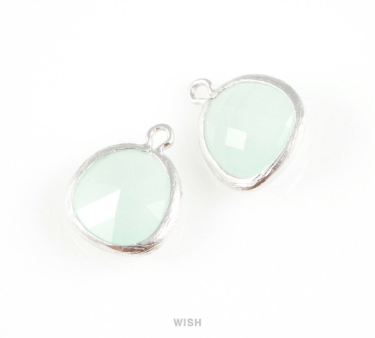 Alice Blue Faceted Glass Charm in Matte Rhodium, Framed Drop Glass Gem / GABMRH-004-P