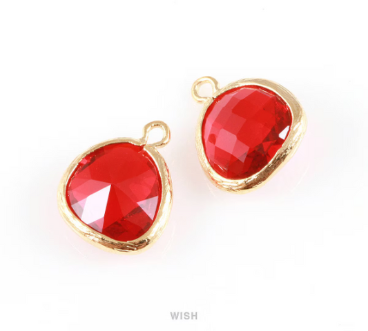 Garnet Faceted Glass Charm in Gold, Framed Drop Glass Gem / GGNG-004-P