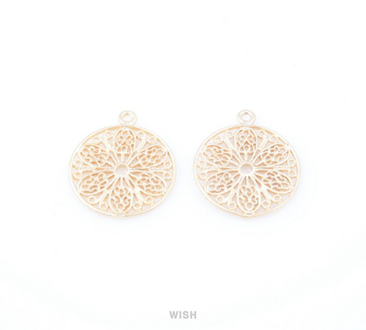 Floral Pattern in Circle Pendants in Matte Gold, Round Flower Charms / MMG-049-P