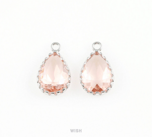 Peach Teardrop Glass Charm in Rhodium, Framed Drop Glass Gem / GPCRH-017-P