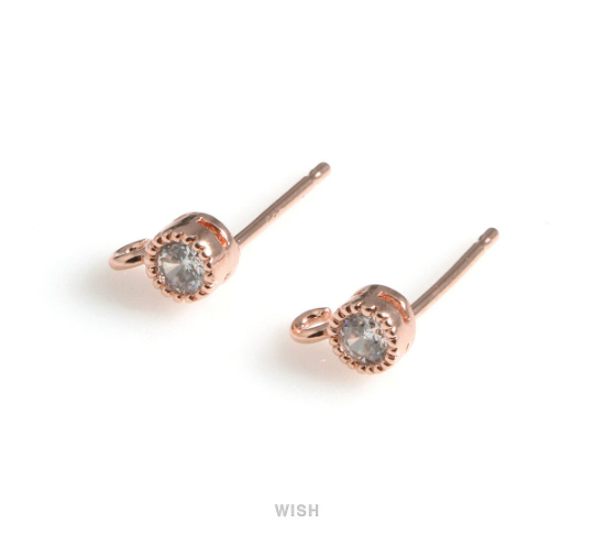 Round Cubic Zirconia Stud Earrings in Rose Gold , CZ Stud Earrings / CRG-050-E (4pcs)