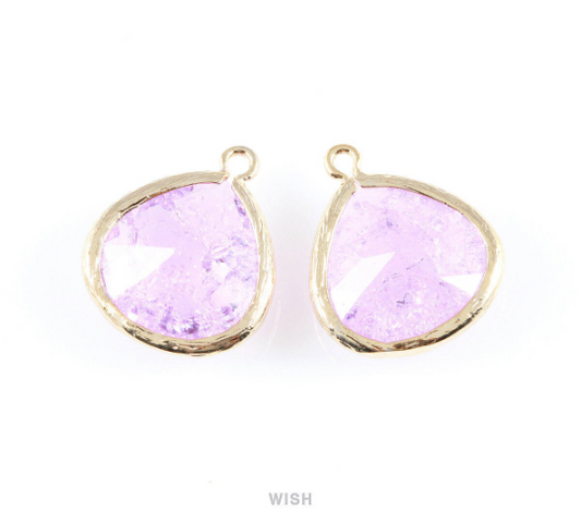 Light Amethyst Sparkle Glass Charm in Gold, Framed Drop Glass Bead / GLDG-012-P (Large)