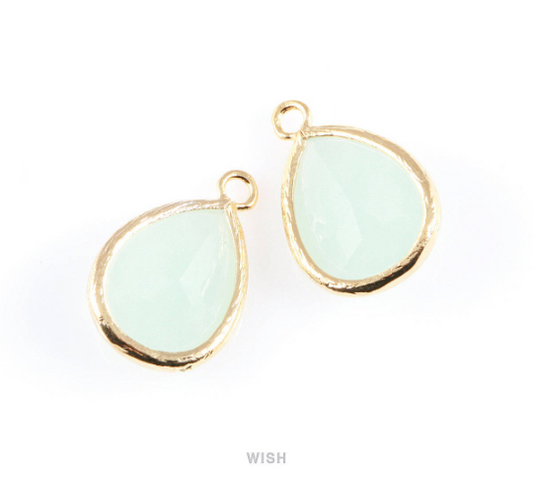 Alice Blue Teardrop Glass Charm in Gold, Framed Drop Glass Gem / GABG-005-P
