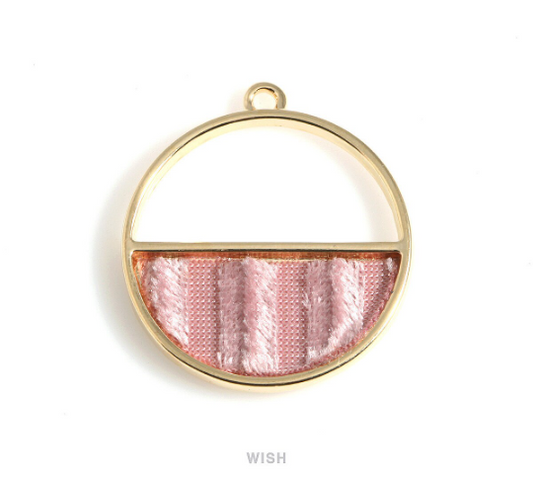 Pink Velvet Circle Pendant in Gold Frame, Pink Velvet Round Charm / MG-PK-517-P