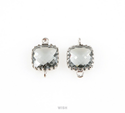 Charcoal Faceted Glass Connector in Rhodium, Framed Square Connector / GCCRH-007-P