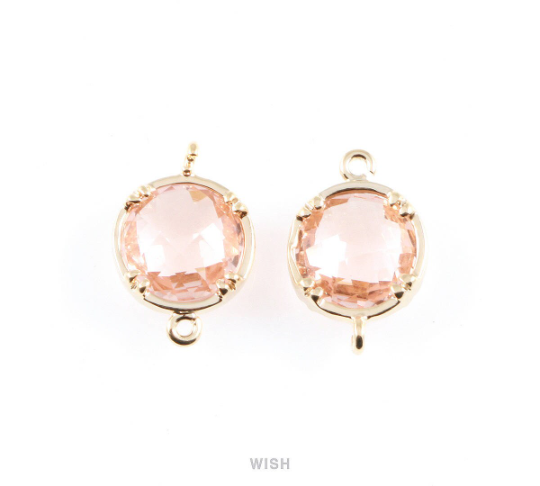 Peach Round Glass Connectors in Gold, Framed Glass Gem / GPCG-018-P (Medium)