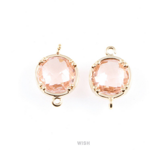 Peach Round Glass Connectors in Gold, Framed Glass Gem / GPCG-018-P (Medium)