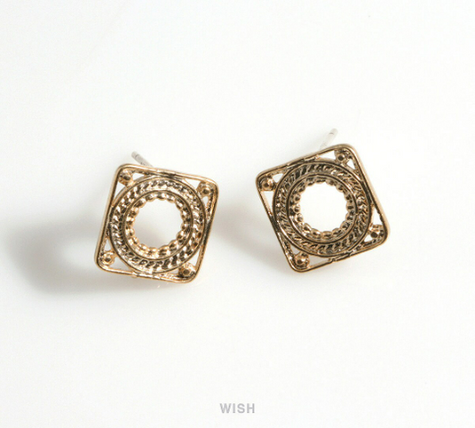 Square Stud Earrings in Matte Gold, Oriental Patterned Square Ear Studs, Round in Square Stud Earrings /MMG-606-E