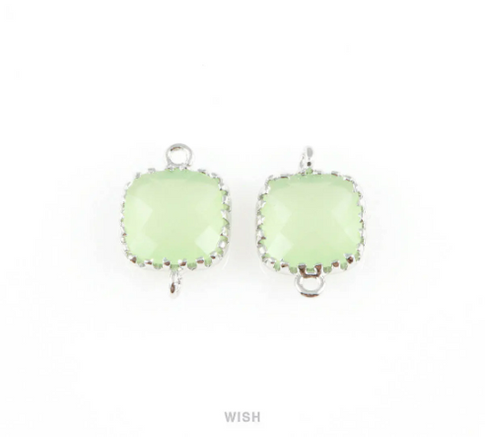 Light Mint Faceted Glass Connector in Rhodium, Framed Square Connector / GLMRH-007-P