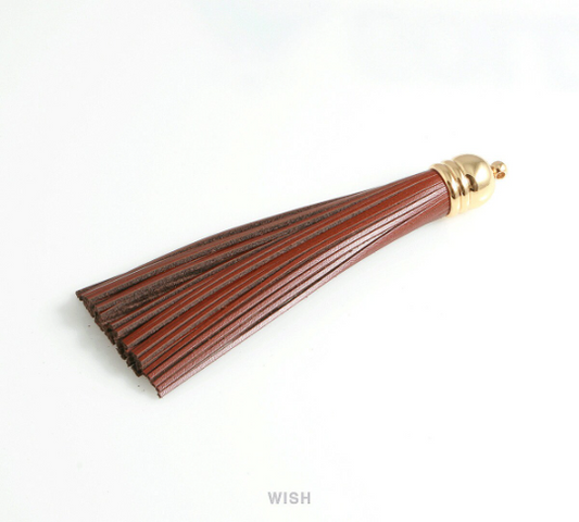 Chestnut Brown Leather Tassel with Bell Cap in Gold, Chocolate Cowhide Tassel / LCBG-006-T (1 piece)