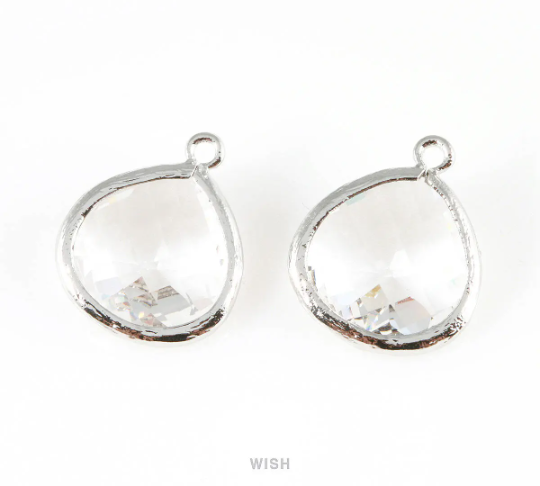 Clear Faceted Glass Charm in Rhodium, Framed Drop Glass Bead / GCLRH-001-P