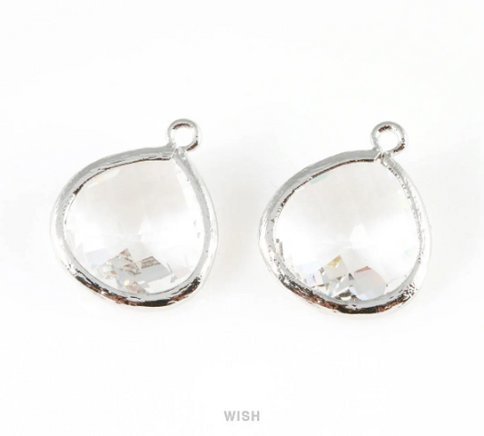 Clear Faceted Glass Charm in Rhodium, Framed Drop Glass Bead / GCLRH-001-P