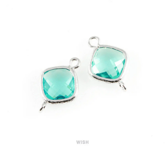 Blue Zircon Rhombus Glass Connector in Rhodium, Framed Rhombus Connector / GBZRH-021-P