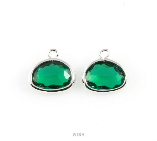 Emerald Oval Glass Charm in Rhodium, Glass Framed Pendant /GEMRH-039-P