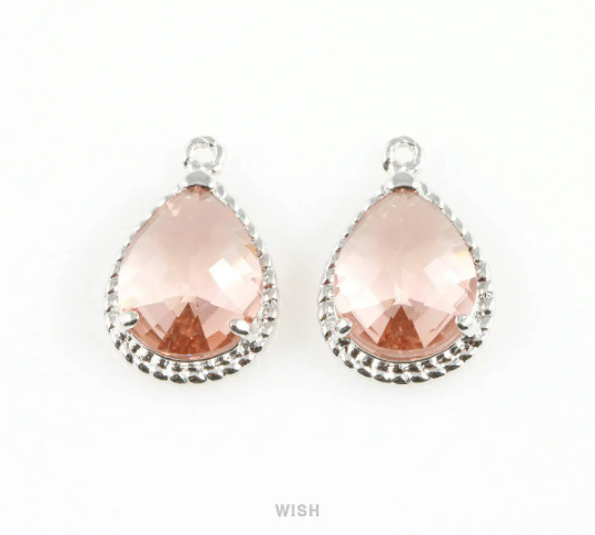 Peach Teardrop Glass Charm in Rhodium, Framed Drop Glass Gem / GPCRH-006-P