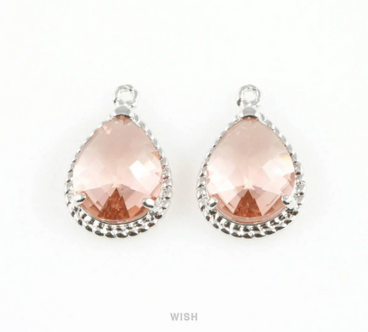 Peach Teardrop Glass Charm in Rhodium, Framed Drop Glass Gem / GPCRH-006-P