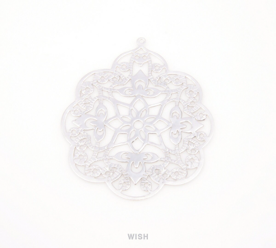 Flat Floral Pattern Filigree Pendants in Rhodium, Flower Charms / MRH-061-P
