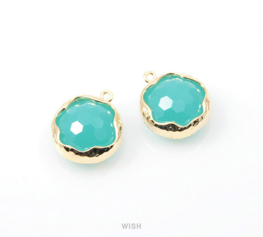 Mint Faceted Glass Charms in Gold, Framed Round Pendant /GMTG-090-P (Small)