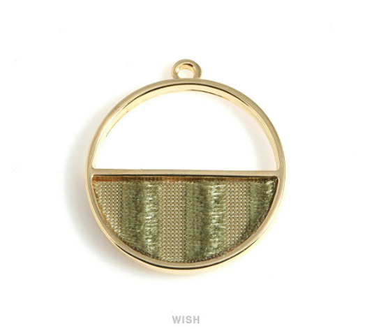 Olive Velvet Circle Pendant in Gold Frame, Khaki Velvet Round Charm /MG-OV-517-P