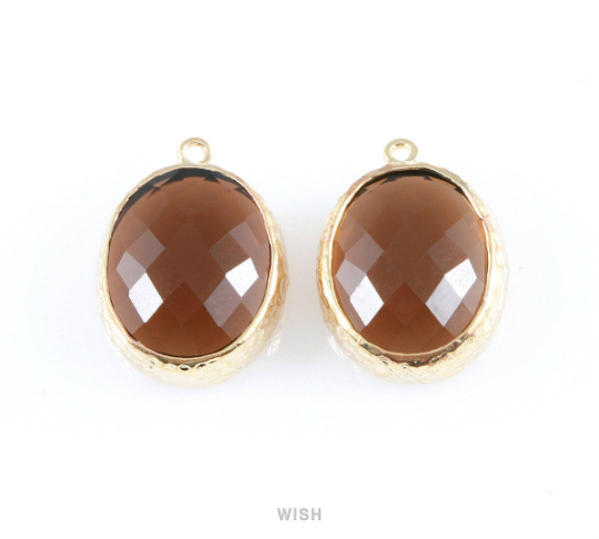 Smoky Quartz Faceted Glass Charms in Gold, Framed Oval Pendant / GSQG-009-P