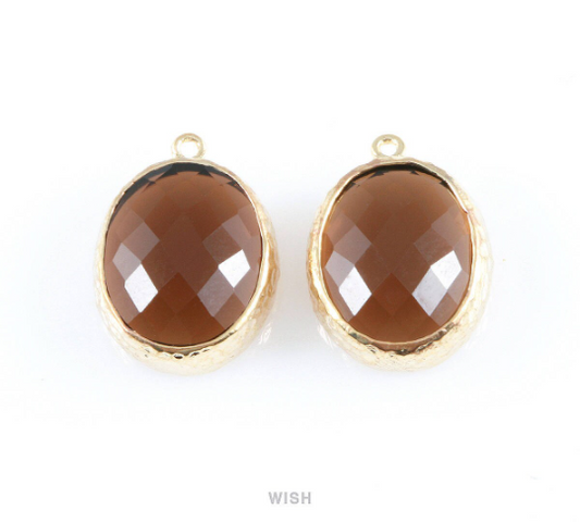 Smoky Quartz Faceted Glass Charms in Gold, Framed Oval Pendant / GSQG-009-P