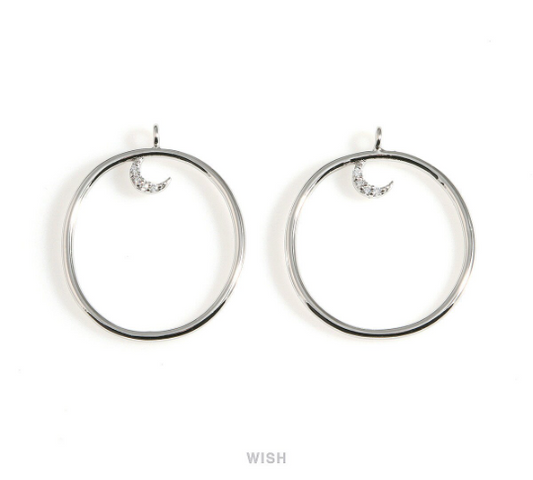 Cubic Crescent in Circle Pendants in Rhodium, CZ Crescent in Circle Charms / MRH-603-P