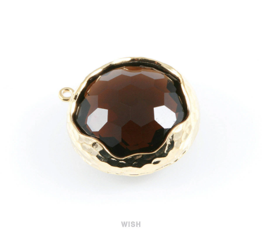 1 piece of Smoky Quartz Faceted Glass Charms in Gold, Framed Round Pendant / GSQG-011-P