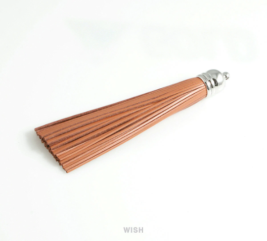 Brown Leather Tassel with Bell Cap in Rhodium, Brown Cowhide Tassel / LBWRH-006-T (1 piece)