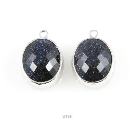 Lapis-Lazuli Faceted Glass Charms in Rhodium, Framed Oval Pendant / GLLRH-009-P