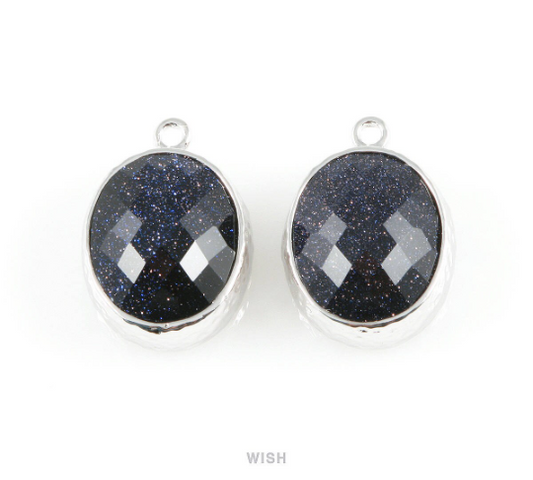 Lapis-Lazuli Faceted Glass Charms in Rhodium, Framed Oval Pendant / GLLRH-009-P