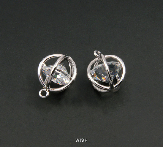 2 pcs Round Cubic Zirconia in Rhodium Globe Cage, Round Shape Cubic Zirconia / CRH-010-P (Large)