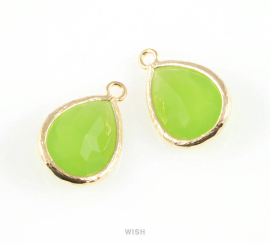 Peridot Teardrop Glass Charm in Gold, Framed Drop Glass Gem / GPDG-005-P