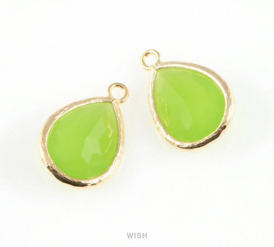 Peridot Teardrop Glass Charm in Gold, Framed Drop Glass Gem / GPDG-005-P