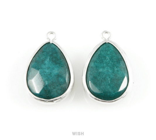 Green Turquoise Synthetic Stone Charms in Matte Rhodium, Framed Teardrop Pendant / SGTMRH-010-P
